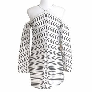 Amur WHITE BLACK SATIN STRIPED HALTER OFF THE SHOULDER LONG BELL SLEEVE DRESS